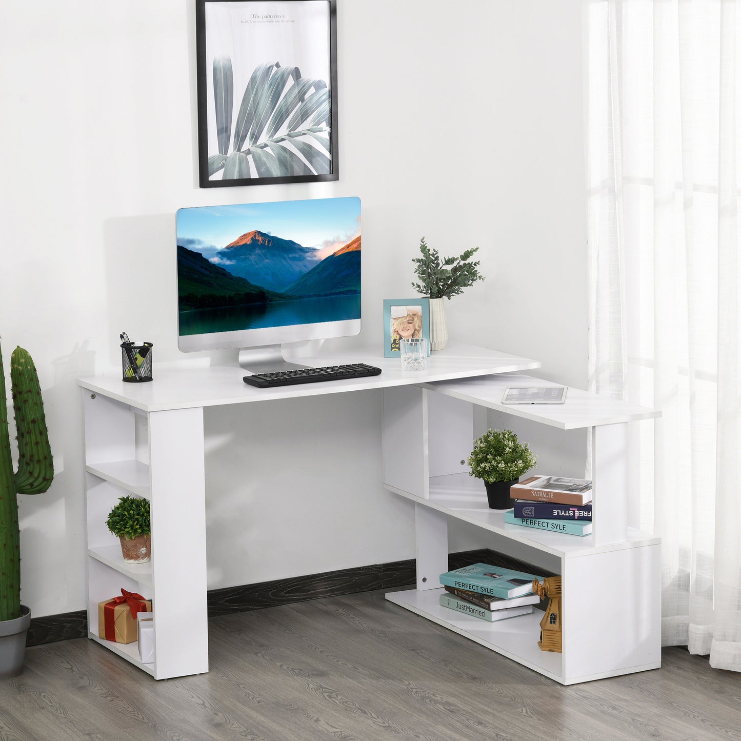 47" L Shaped Desk, 360° Rotating Corner Desk, Reversible Computer Writing Table Workstation with Storage Shelf for Home Office, White