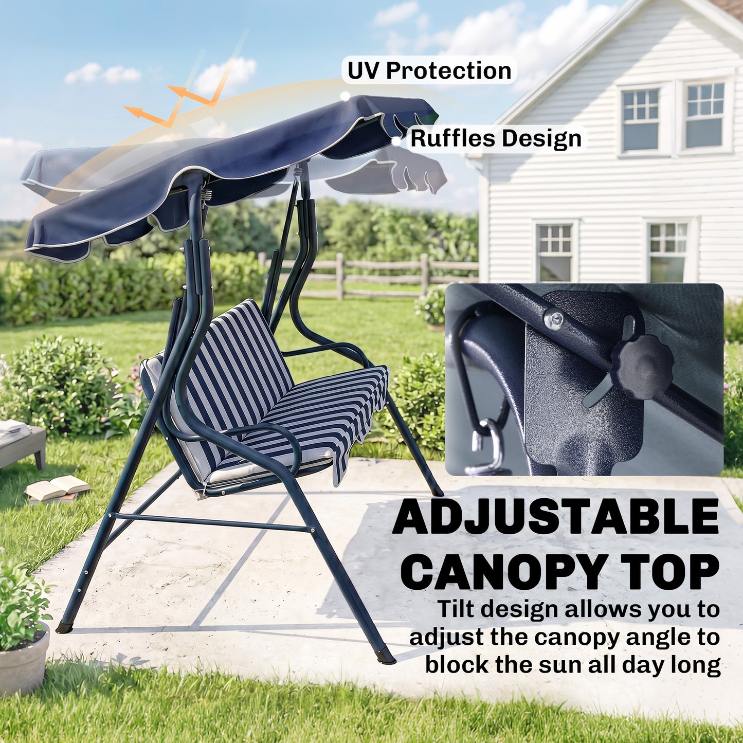 Outdoor Porch Swing with Adjustable Canopy, 3-Seater Patio Swing Chair with Cushion, Black