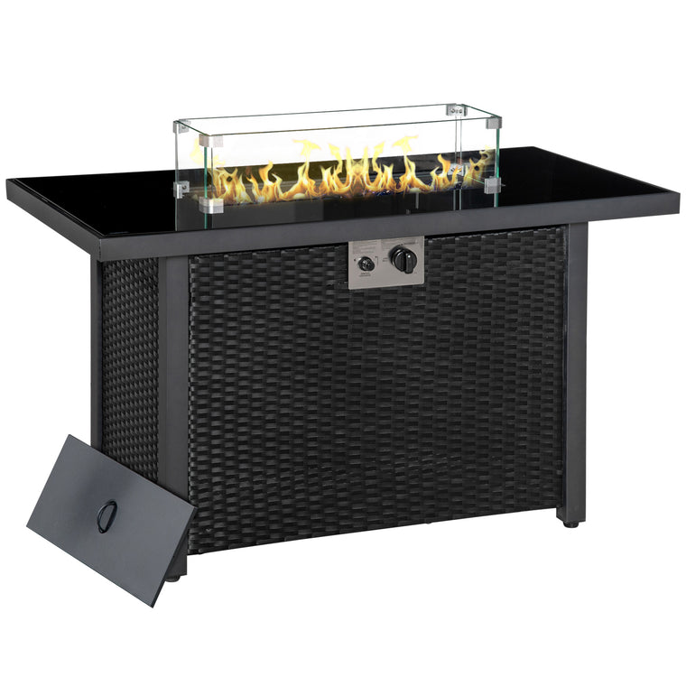 Black 43" Wicker Propane Fire Pit Table with Wind Guard