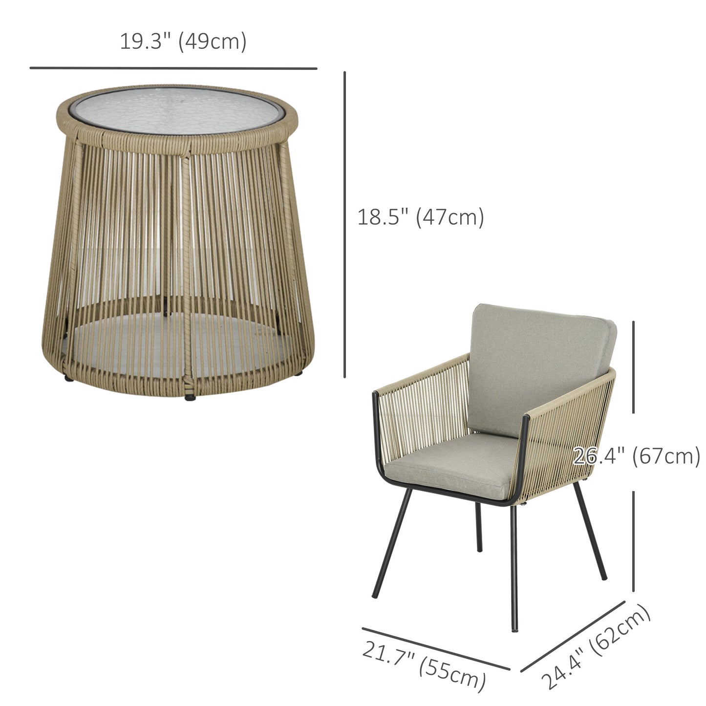 3 Piece Outdoor Patio Bistro Set, Wicker Rattan Furniture with Metal Legs for Garden, Backyard, Light Grey