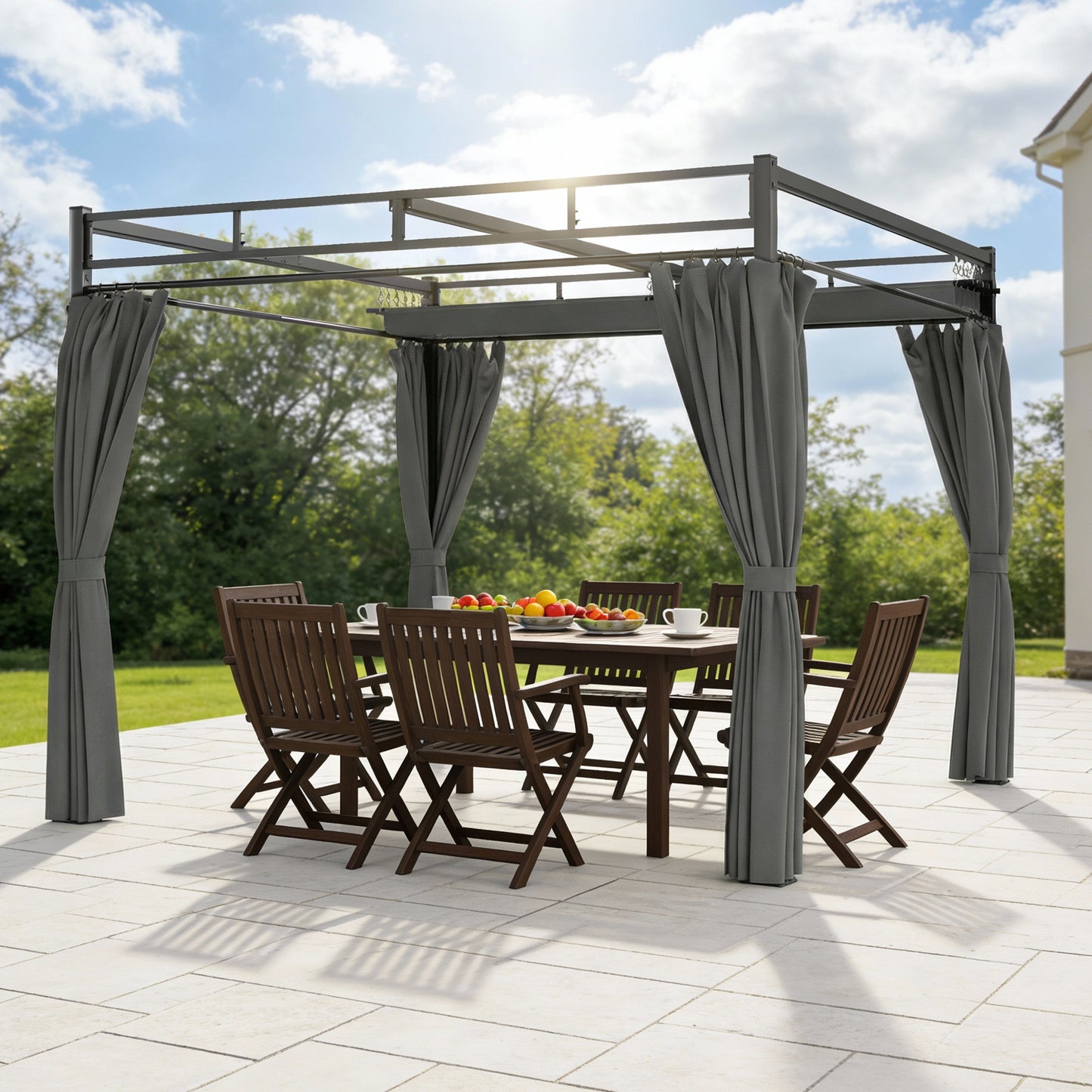 10' x 10' Outdoor Gazebo, Retractable Pergola Canopy with Curtains, UPF30+ Free Standing Metal Pergola Kit, Dark Grey