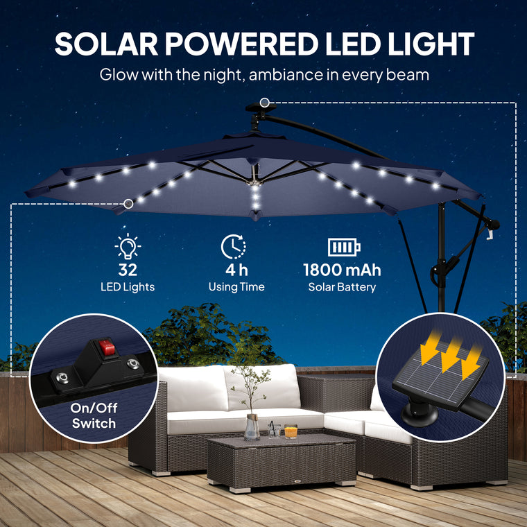 9.7ft Dark Blue Solar LED Cantilever Umbrella with Crank