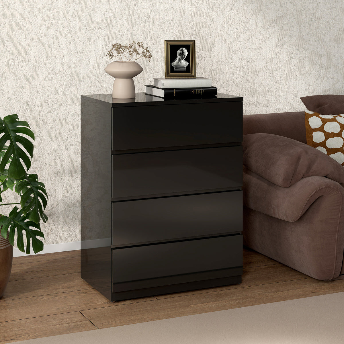 4 Drawer Cabinet, High Gloss Drawer Chest for Bedroom, Chest of Drawers with Metal Runners and Groove Handles, Black