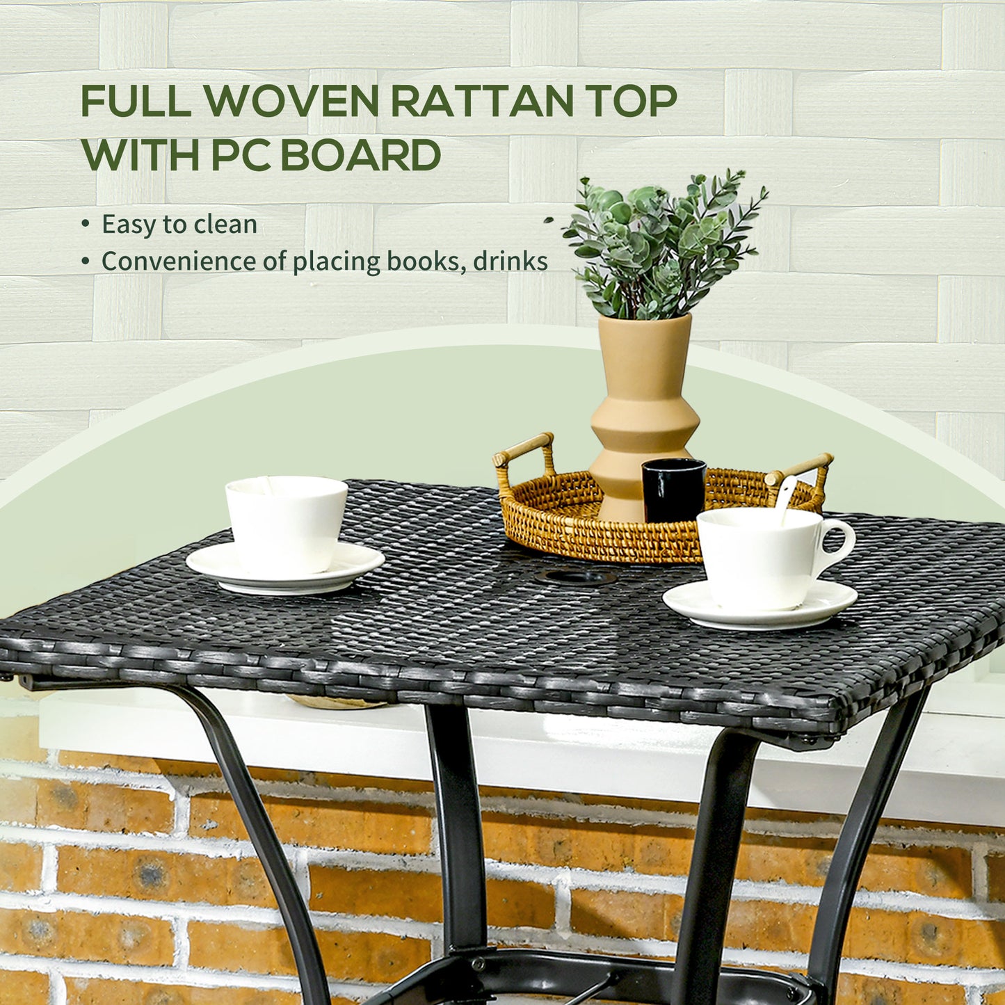 Patio Wicker Dining Table with Umbrella Hole, 34 Inch Outdoor PE Rattan Coffee Table with Plastic Board Under the Woven Table Top for Patio, Garden, Balcony, Mixed Brown