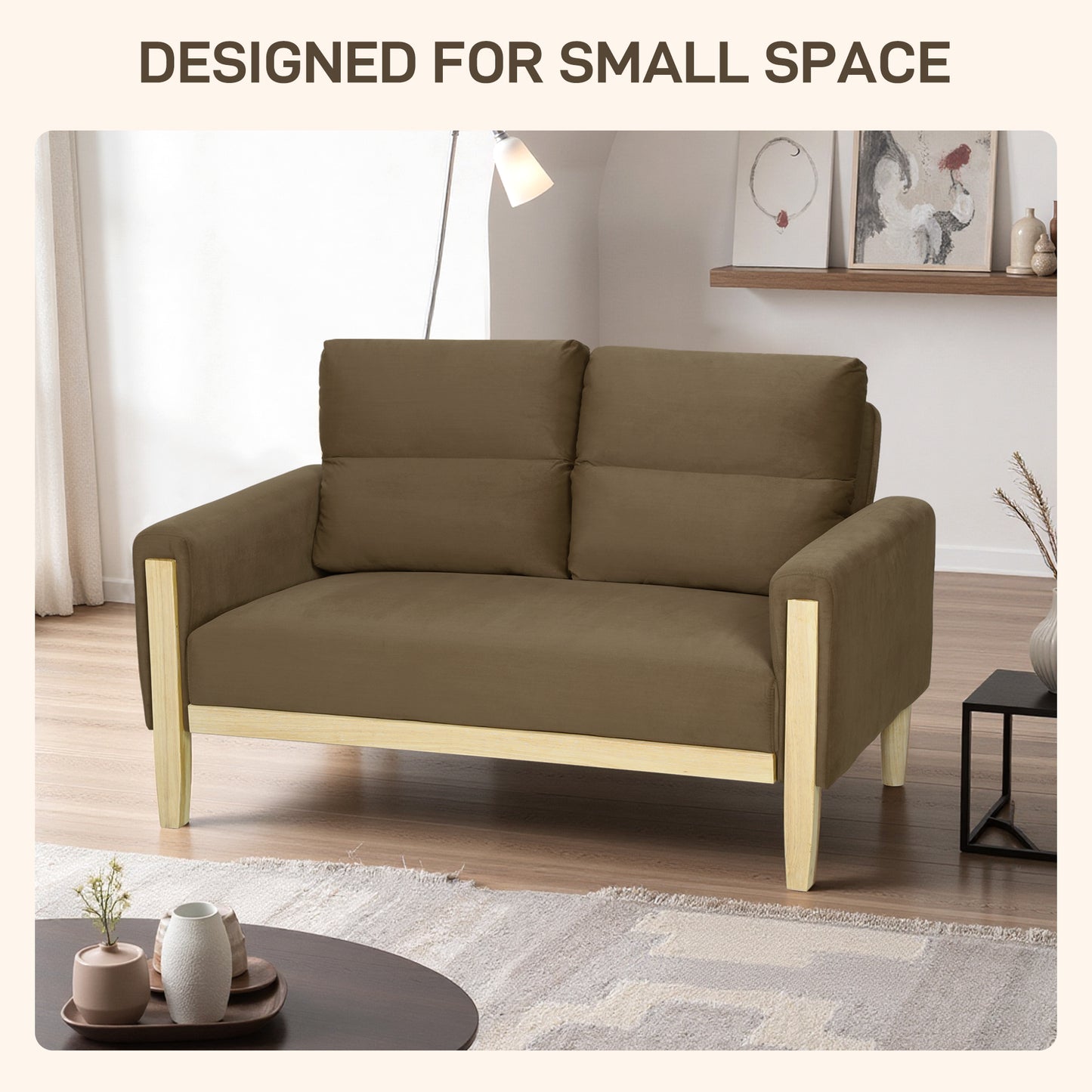 53" Loveseat Sofa, Small 2 Seater Couch with Solid Wood Legs, Modern Velvet Sofa for Living Room, Small Spaces,Brown