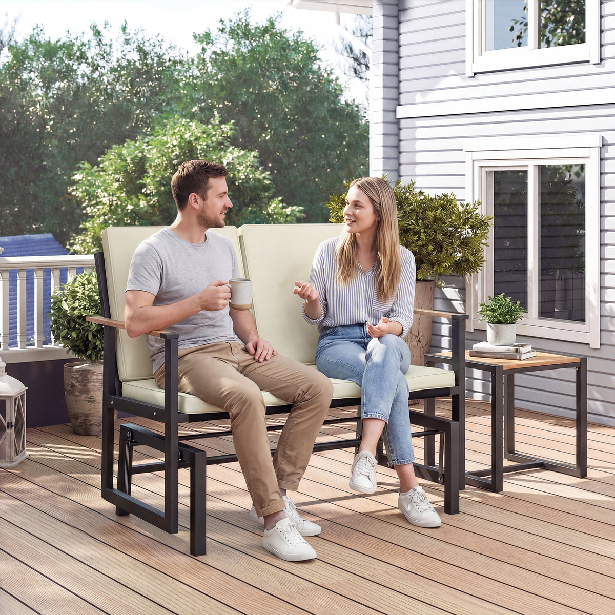 Outdoor Glider Bench for 2 Person, Patio Glider Loveseat with Thick Cushions for Garden Balcony Porch, Cream White