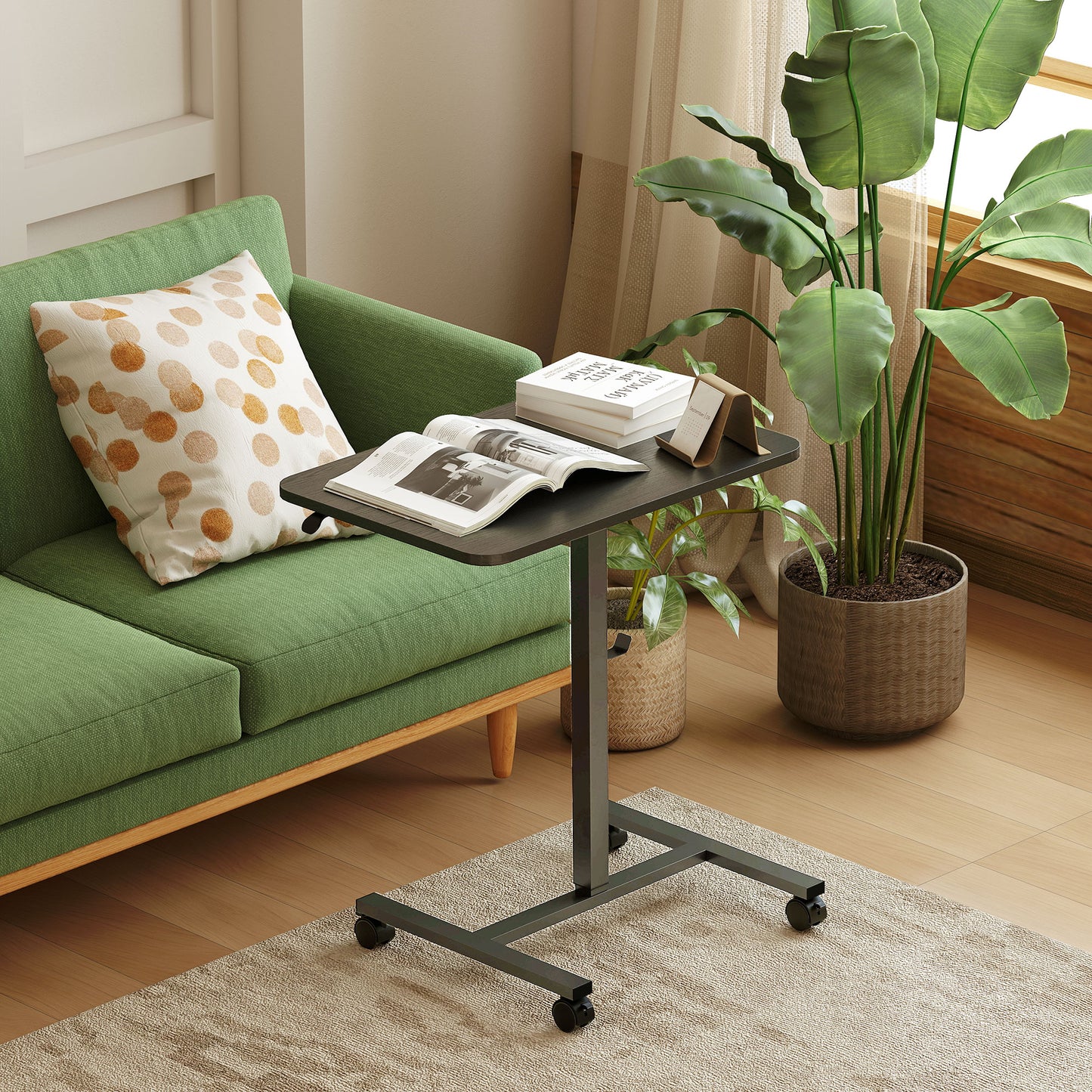 Height Adjustable Standing Desk, Pneumatic Sit Stand Desk with Wheels and Headphone Hook, Black Wood Grain