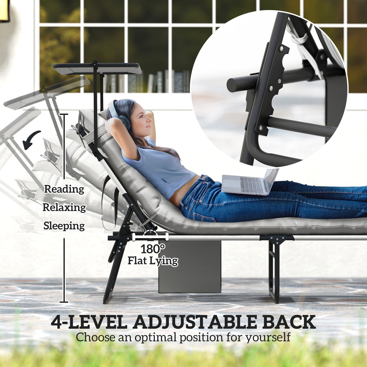 Folding Lounge Chair with Adjustable Canopy, 4-Position Outdoor Tanning Chair with Headrest, Light Grey