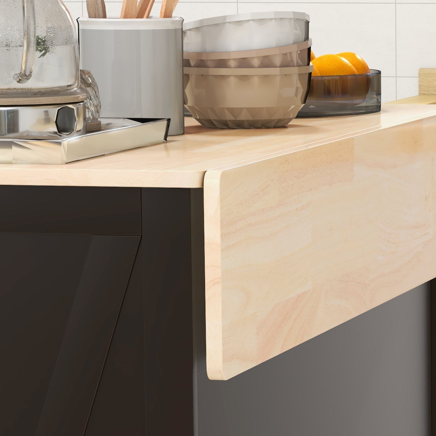 Kitchen Island with Drop Leaf, Rolling Kitchen Cart with 2 Drawers, Adjustable Shelves and Wood Countertop, Black