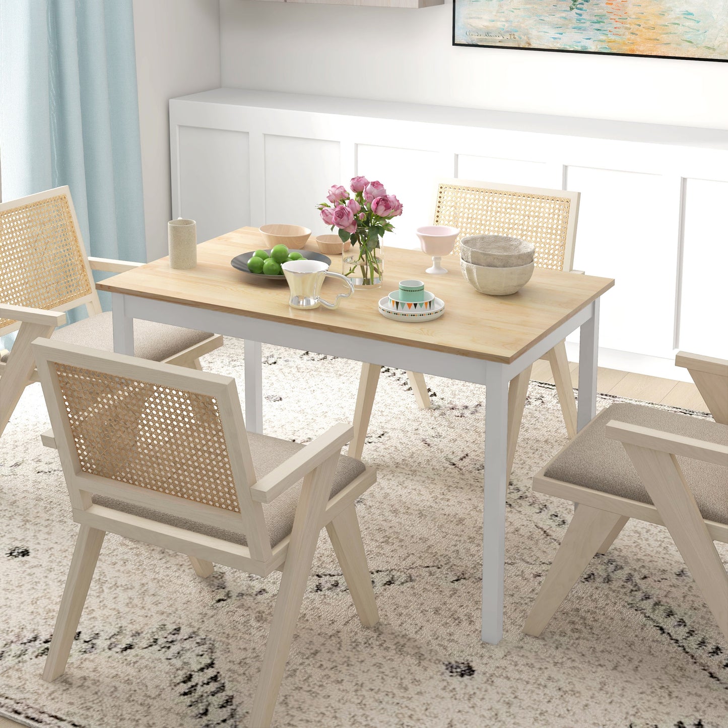 47" x 30" Dining Table, Farmhouse Dining Room Table with Pine Wood Frame, Space Saving Kitchen Table, Natural