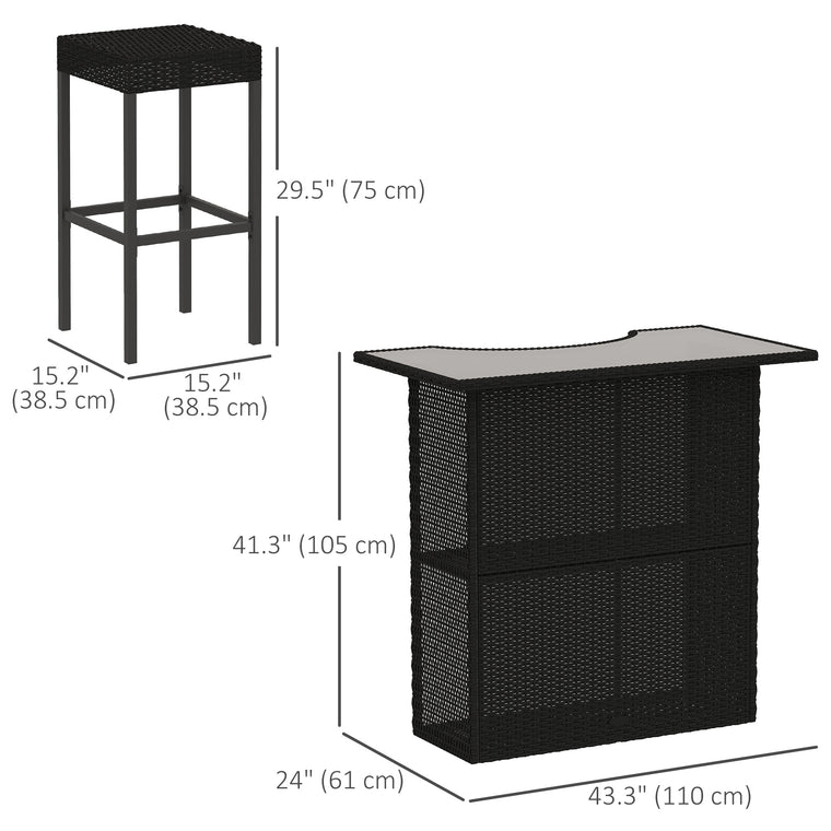 5-Piece PE Rattan Bar Set with Glass Top Table - Black