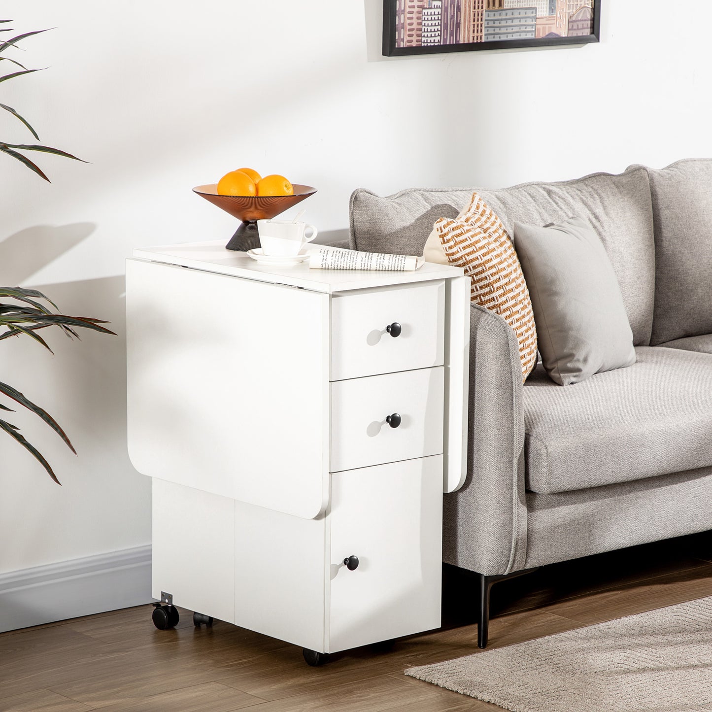 Foldable Dining Table, Rolling Kitchen Table with Storage Drawers and Cabinet, Drop Leaf Table on Wheels, White