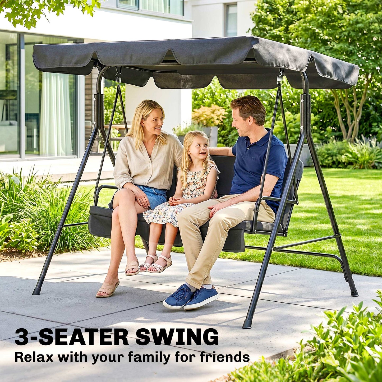 3-Seater Outdoor Porch Swing with Adjustable Canopy, Patio Swing Chair for Garden, Poolside, Backyard, Red