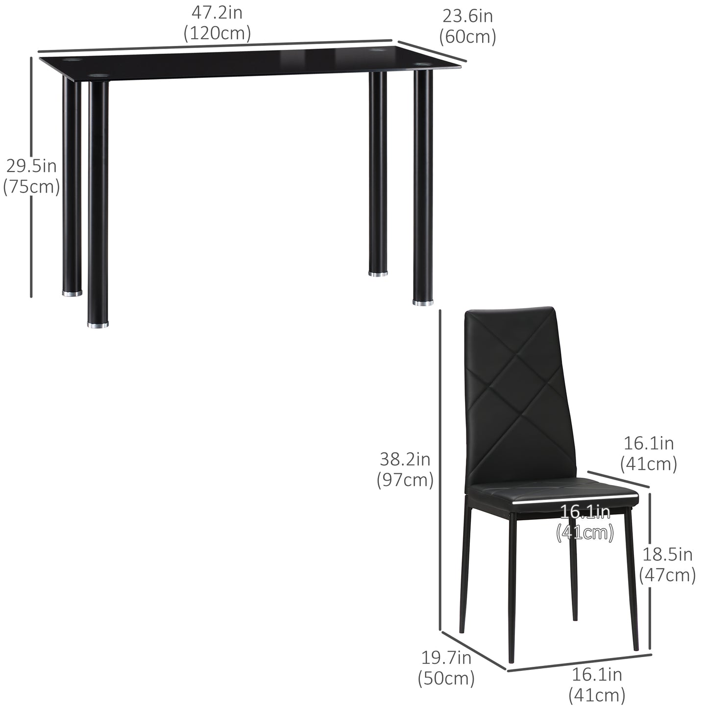 Dining Table and Chairs Set for 4, Modern 5 Pieces Kitchen Table Set with Glass Table, Padded Seat and Steel Frame