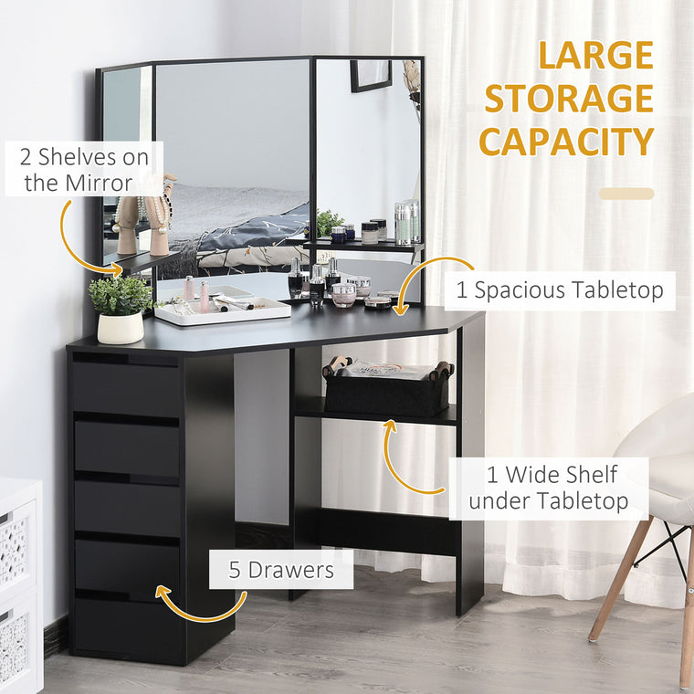 Corner Vanity Desk with Mirror and 5 Drawers