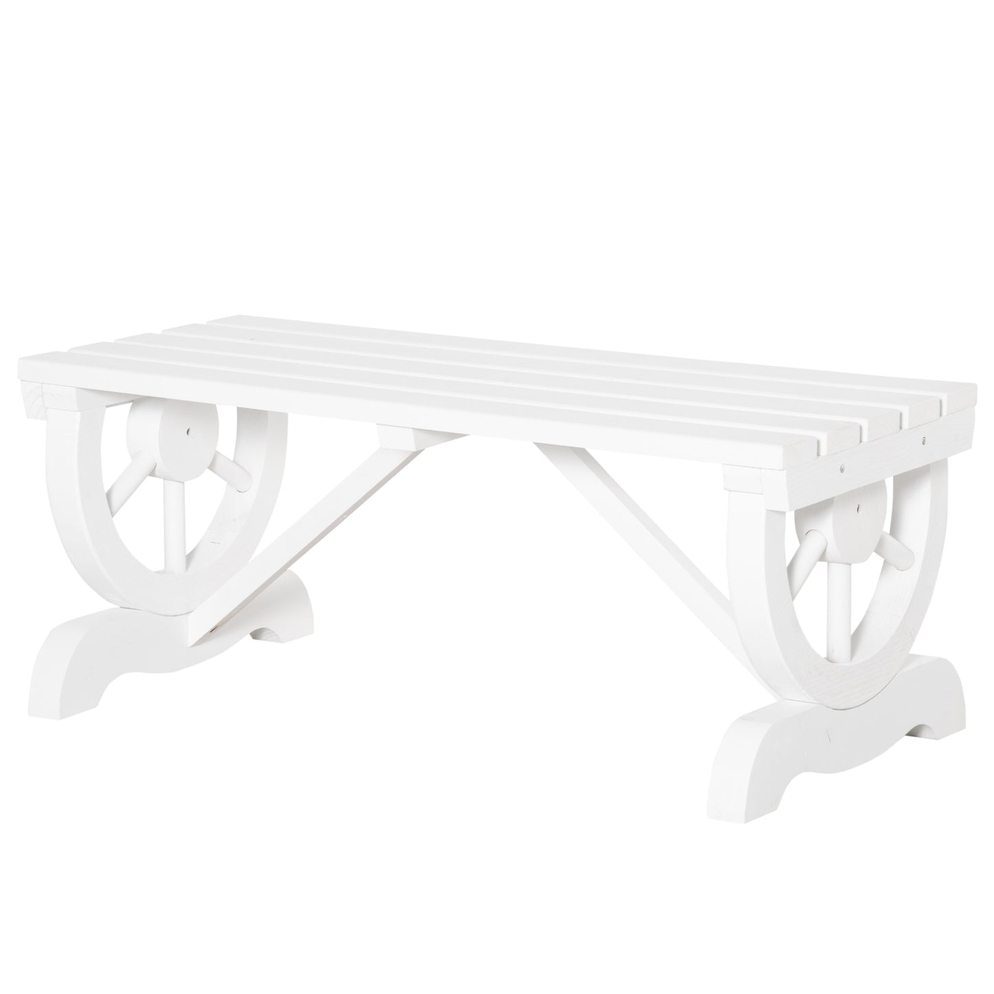 Rustic Wood Wheel Outdoor Garden Bench for 2-Person with a Unique Wheel Design on the Legs & Strong Build, White