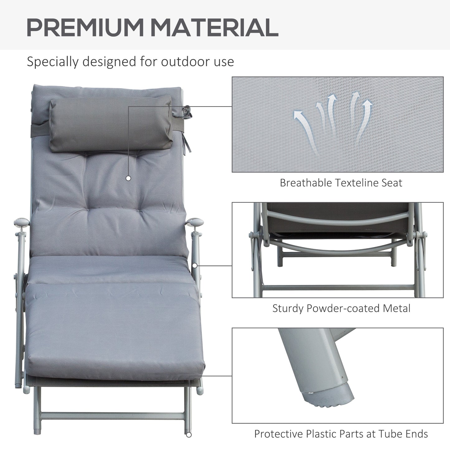 Outdoor Folding Chaise Lounge Chair Recliner with Portable Design, Adjustable Backrest, Cushion and Headrest, Black