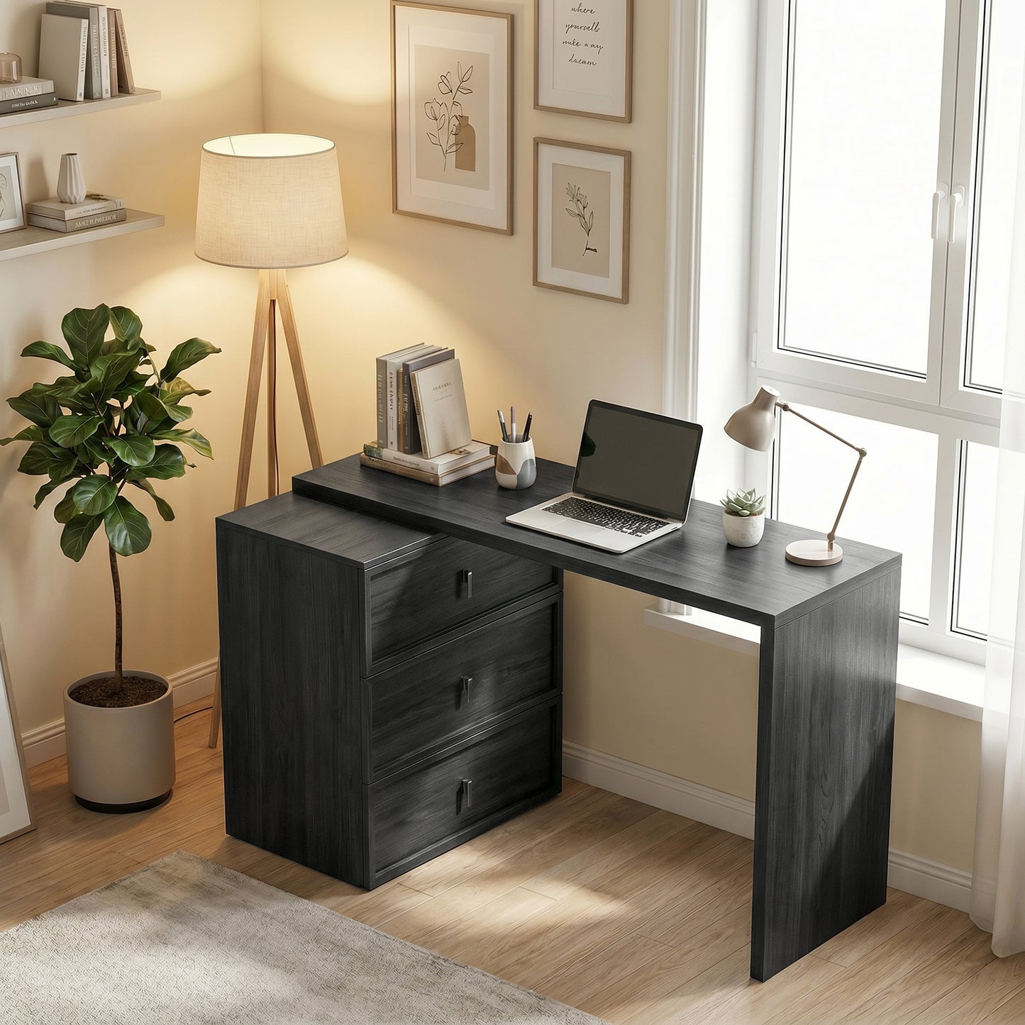 L Shaped Computer Desk Home Office Desk with 3 Drawers Black Wood Grain