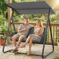 2-Person Outdoor Patio Porch Swing with Adjustable Canopy, Rattan Hanging Swing Bench with Soft Cushions