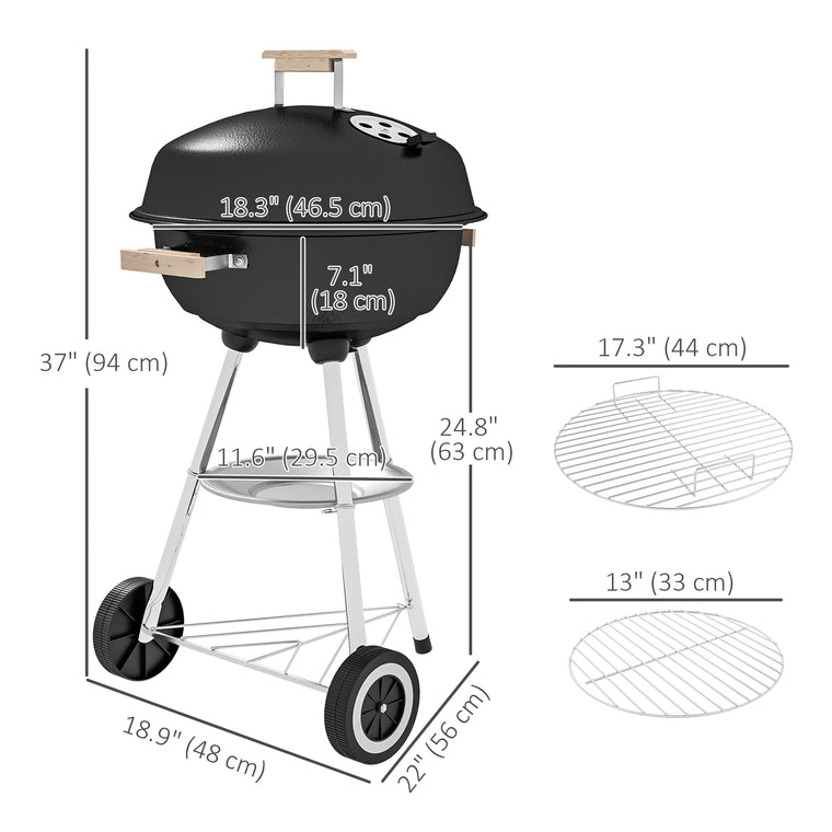Black Portable Steel Charcoal BBQ Grill with Lid & Storage Shelf