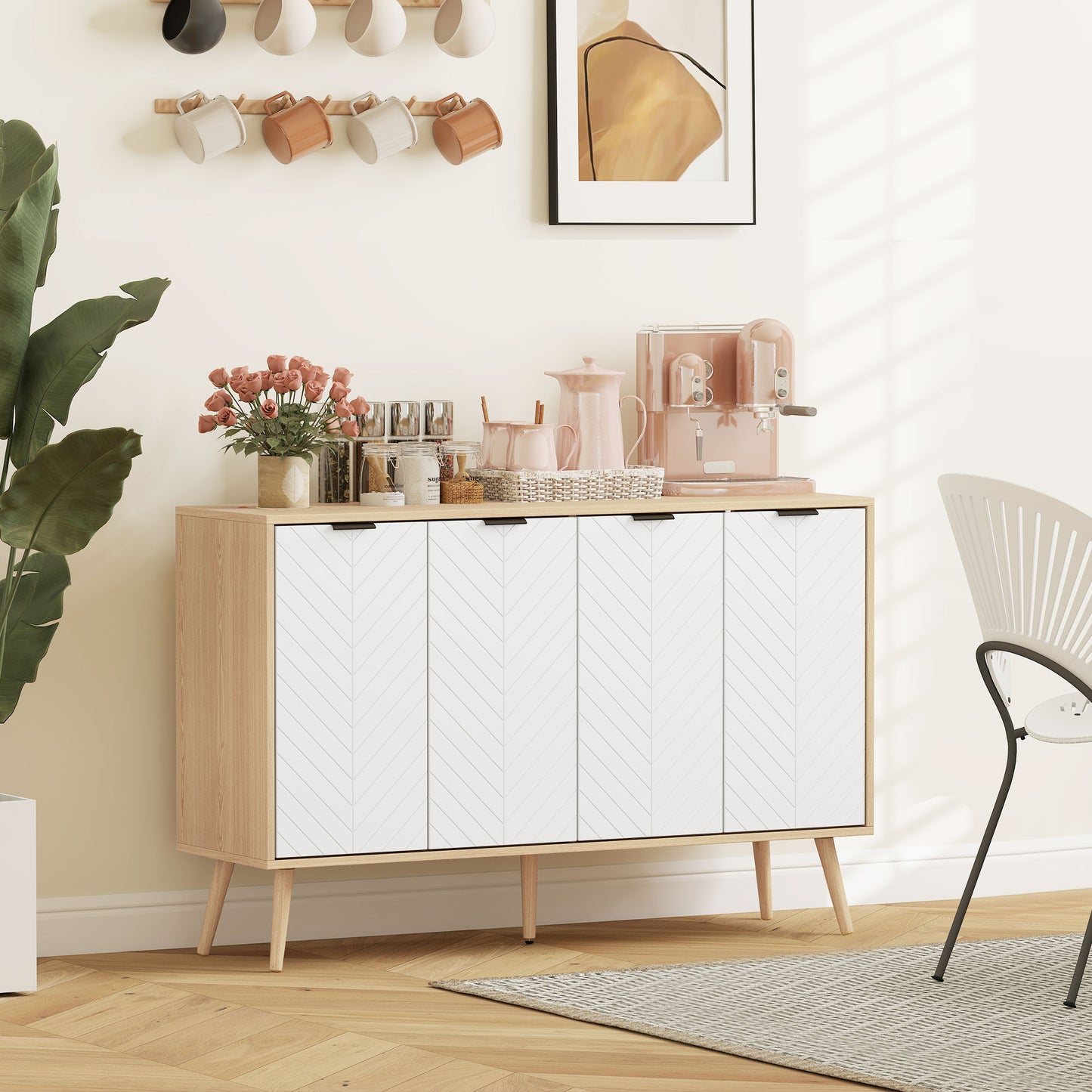 Modern Sideboard and Buffet, Dining Room Cabinet with Adjustable Shelves and 4 Doors, Natural
