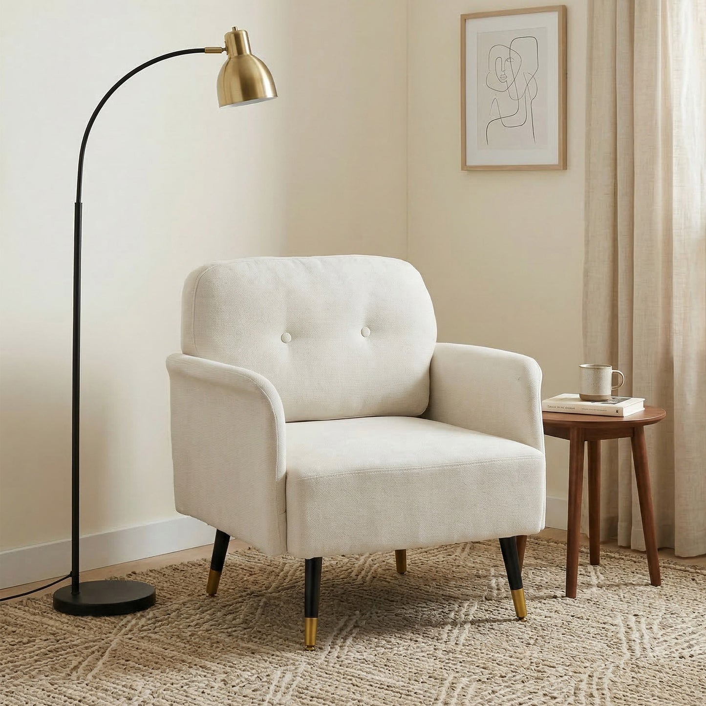 Accent Chair Modern Tufted with Metal Legs Upholstered Reading Armchair for Living Room Cream White