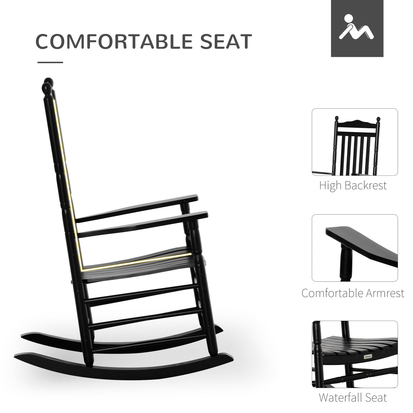 Wooden Outdoor Rocking Chair, Patio Rocking Chair with Slatted High Back and Armrests for Porch, Garden, Lawn, White