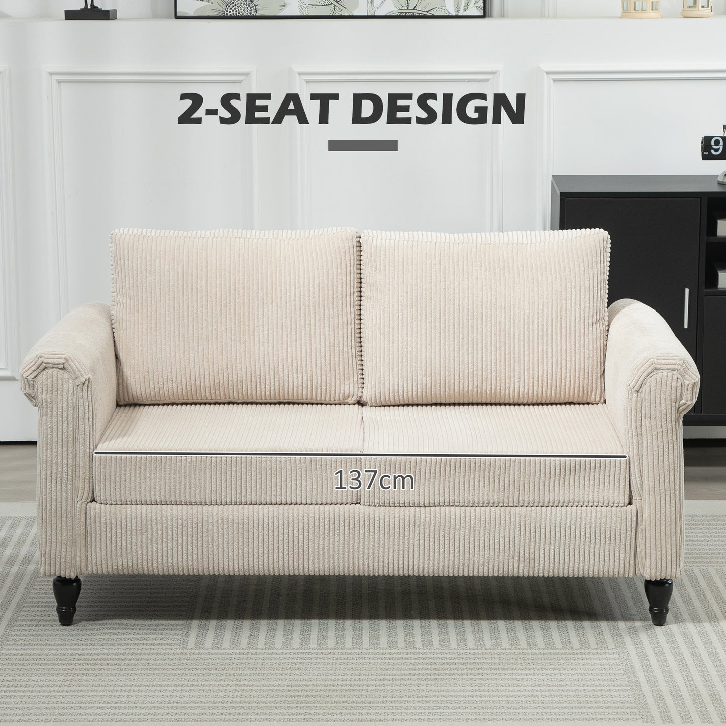 Vintage Loveseat, Upholstered Love Seat Furniture, Fabric 2 Seater Sofa with Rolled Arms, Rubber Wood Legs, Beige