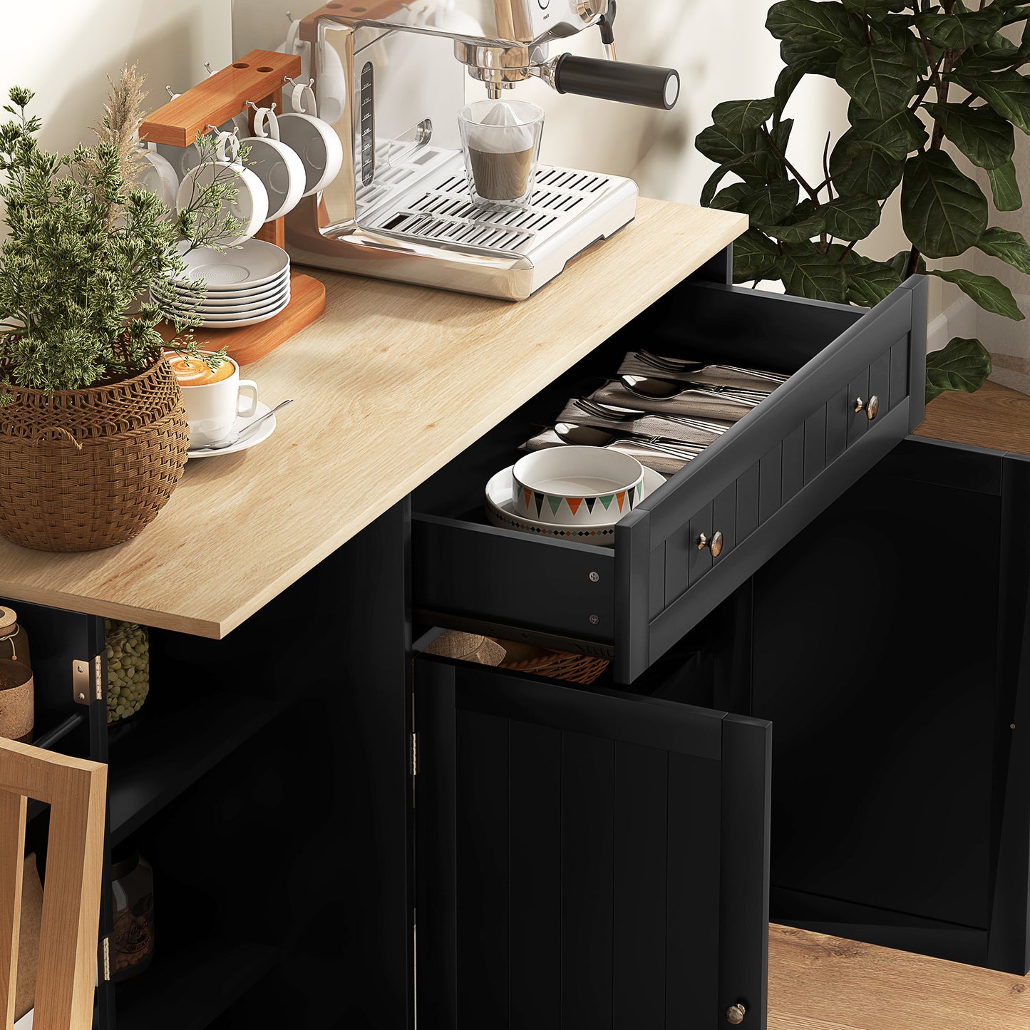 Modern Sideboard Cabinet, 41" Kitchen Buffet Cabinet with Drawer, Adjustable Shelf, 3 Doors for Dining Room, Black