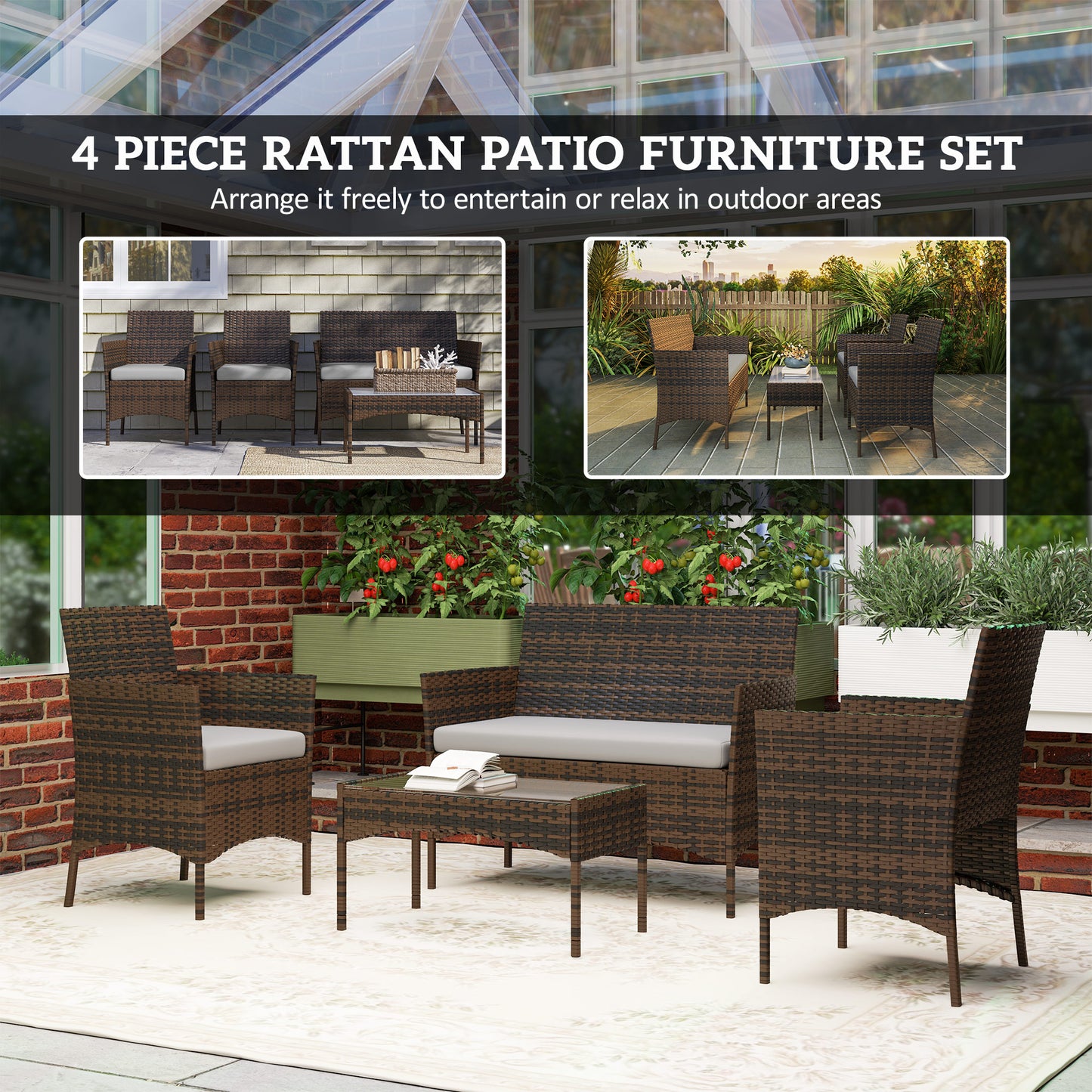 4 Pieces Wicker Outdoor Balcony Furniture Set Rattan Patio Furniture Set with Loveseat Chairs Glass Coffee Table Beige