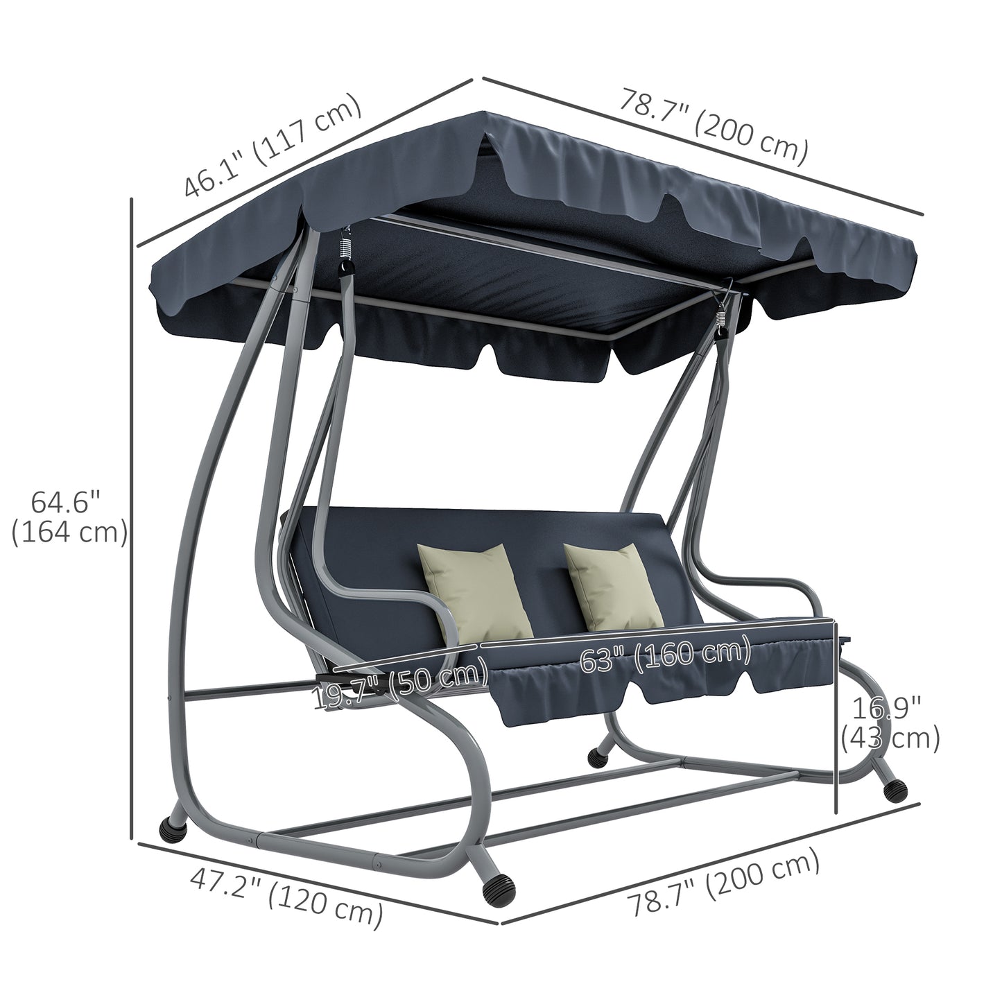 Outdoor 3-Seater Patio Swing Chair, Outdoor Swing Seat, with Adjustable Canopy and Two Pillows for Garden, Light Grey