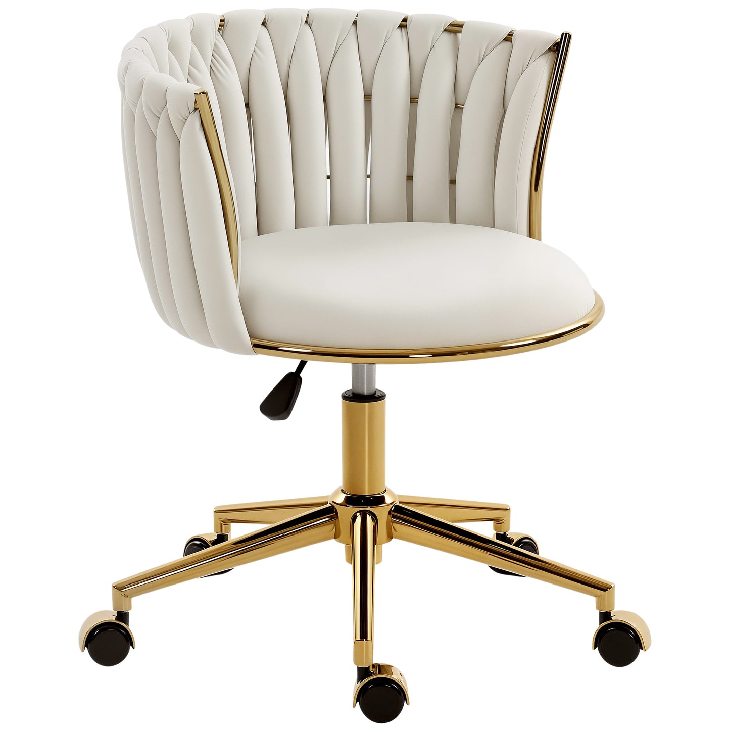Office Chair, Vanity Chair with Woven Back, Adjustable Height, Rolling Wheels, Cream White