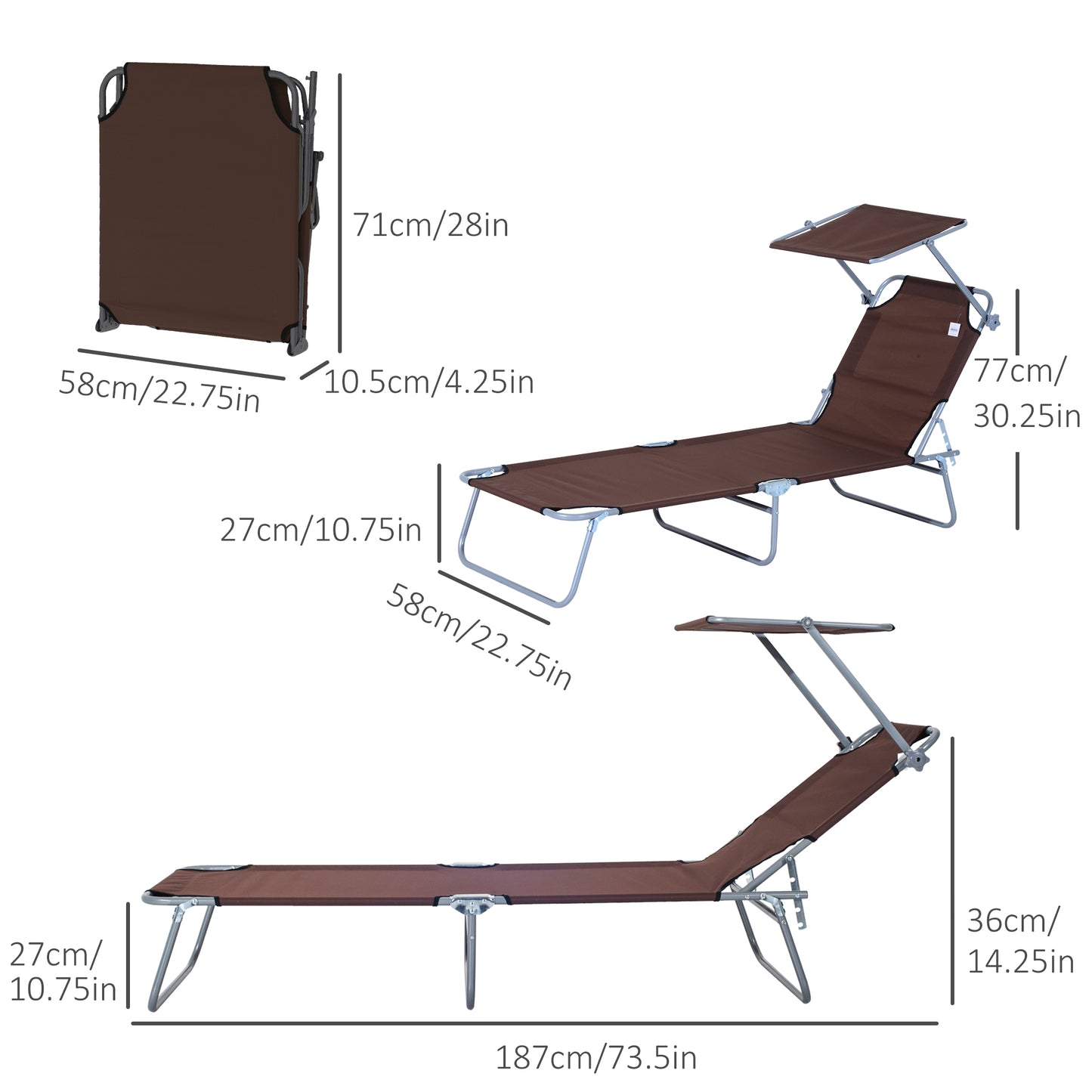 Outdoor Lounge Chair, Adjustable Folding Chaise Lounge, Tanning Chair with Sun Shade for Beach, Camping, Hiking, Backyard, Light Grey