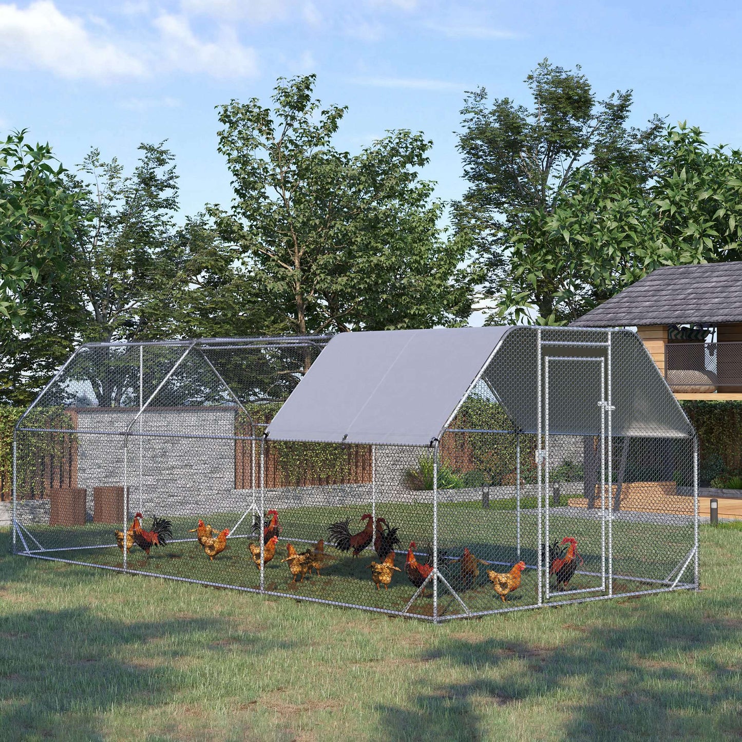 Chicken Run Outdoor, Galvanized Large Metal Chicken Coop Cage, Walk-in Enclosure Poultry Hen Run House Playpen Rabbit Hutch with Flat Roof, Cover