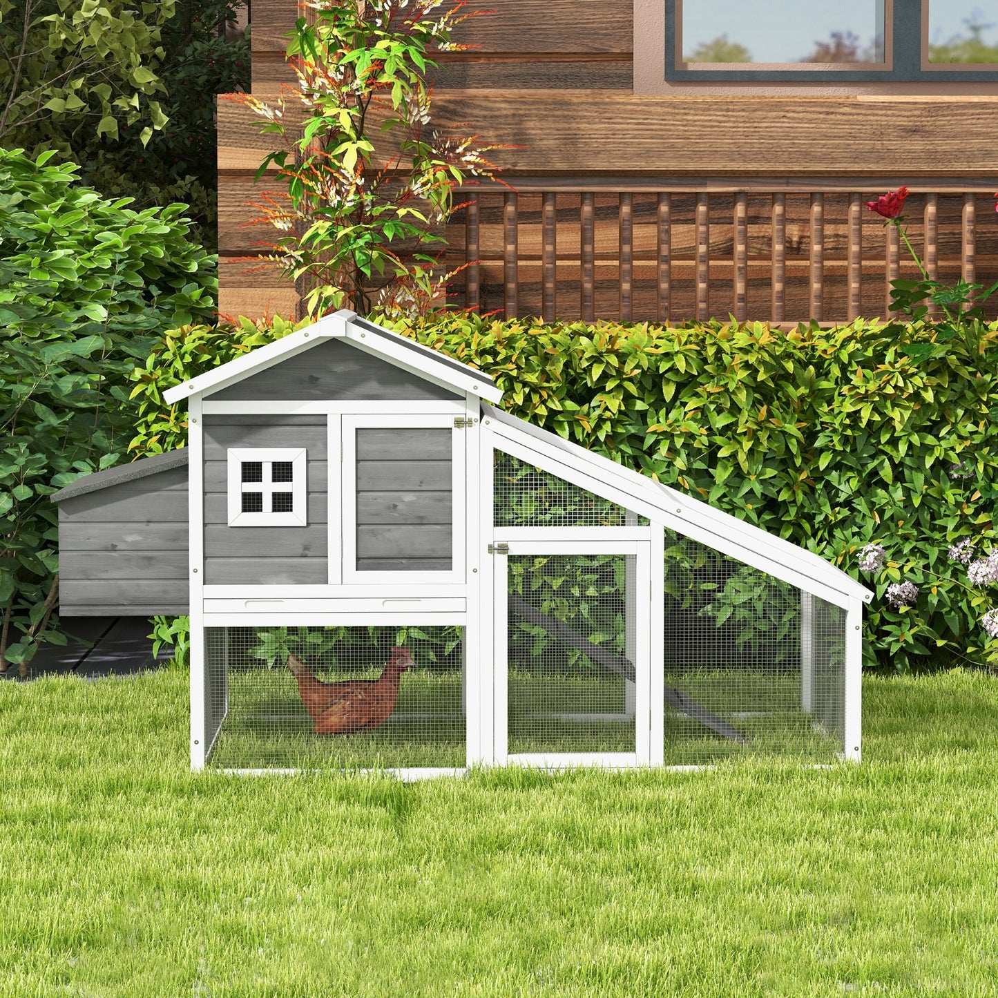 69" Wooden Chicken Coop with Run, Nesting Box, Tray, Grey