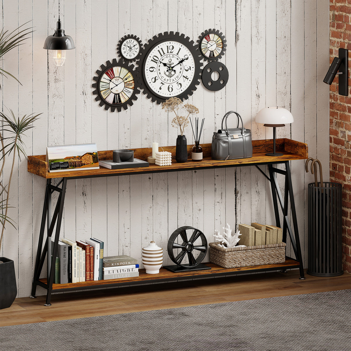 71" Extra Long Console Table with Storage Shelf and Guardrails, Industrial Entryway Table for Living Room, Rustic Brown