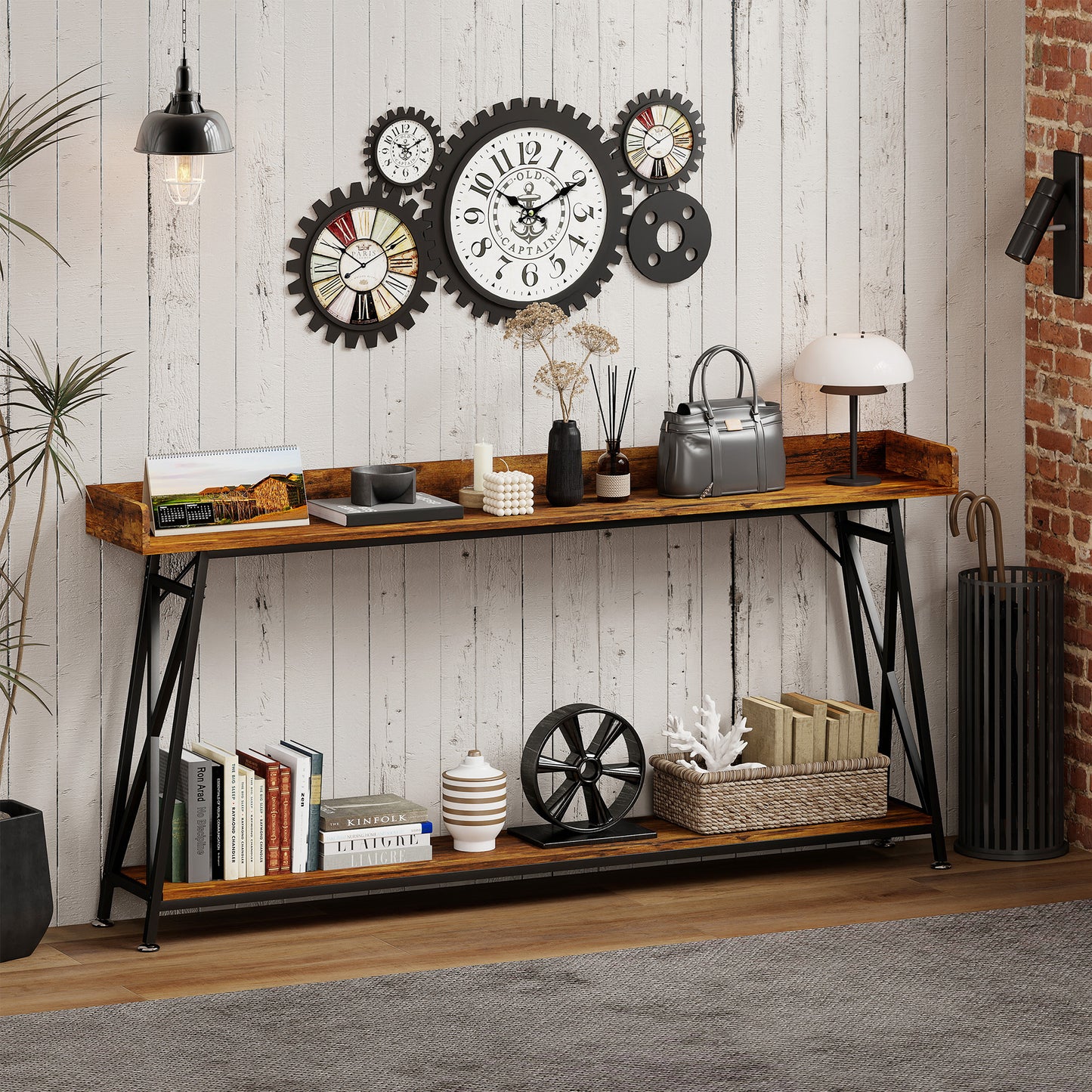 71" Extra Long Console Table with Storage Shelf and Guardrails, Industrial Entryway Table for Living Room, Rustic Brown
