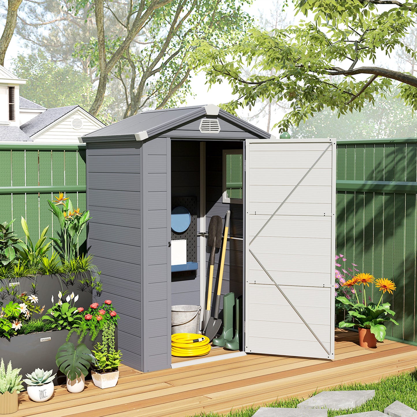 4.4' x 3.3' Plastic Garden Storage Shed with Latch Door, Vents, Sloped Roof, Grey