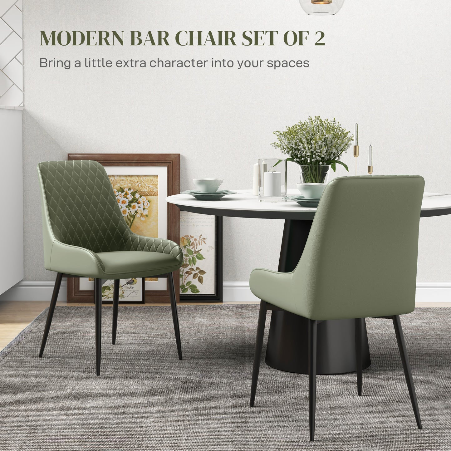 Upholstered Kitchen Chairs, Modern Dining Chairs Set of 2 with Diamond Tufting and Steel Legs for Dining Room, Green