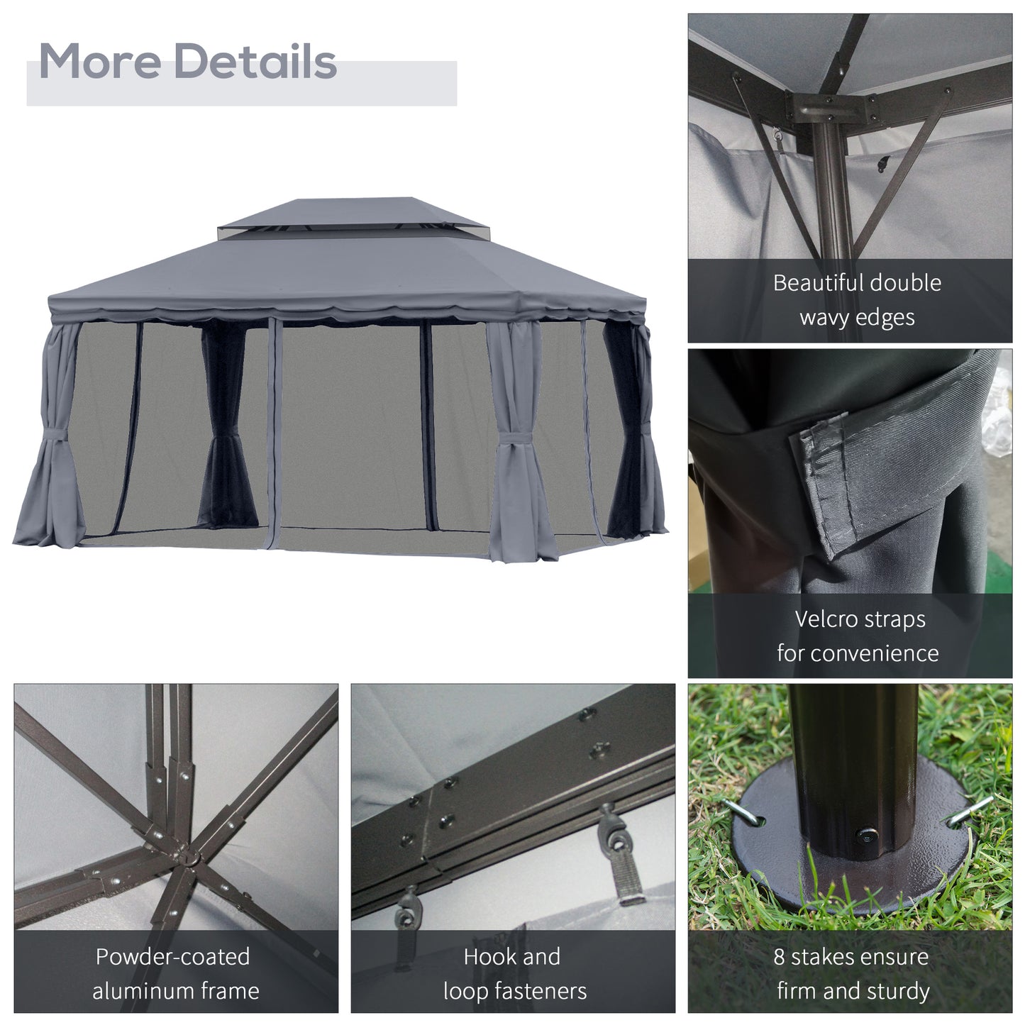13' x 10' Patio Gazebo, Double Roof Outdoor Gazebo Canopy Shelter with Netting & Curtains, Strong Aluminum Frame, Dark Grey