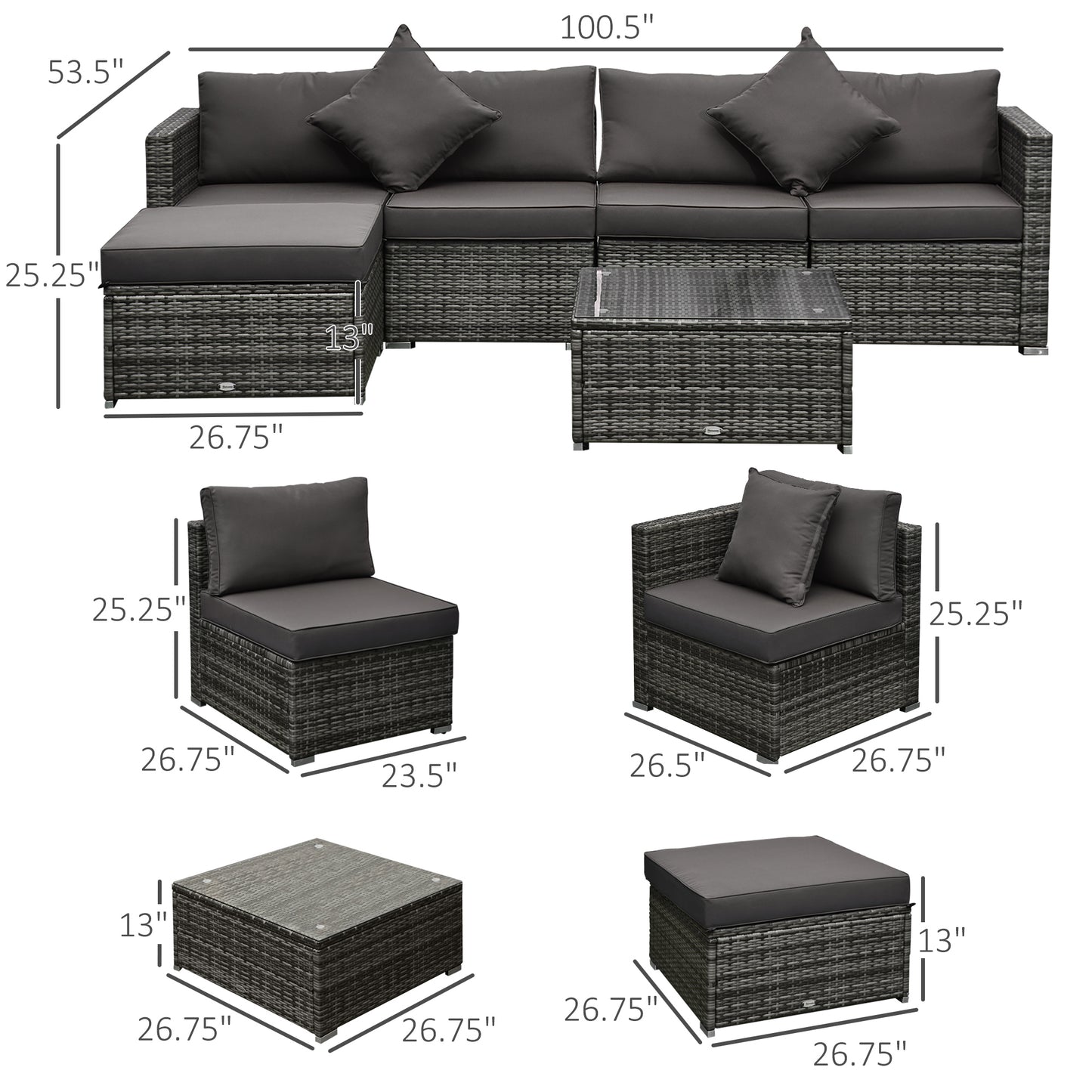 6 Pieces Outdoor PE Rattan Wicker Patio Furniture Sofa Set with Thick Cushions, Deluxe Garden Sectional Couch with Glass Top Table, Mixed Grey and Dark Grey
