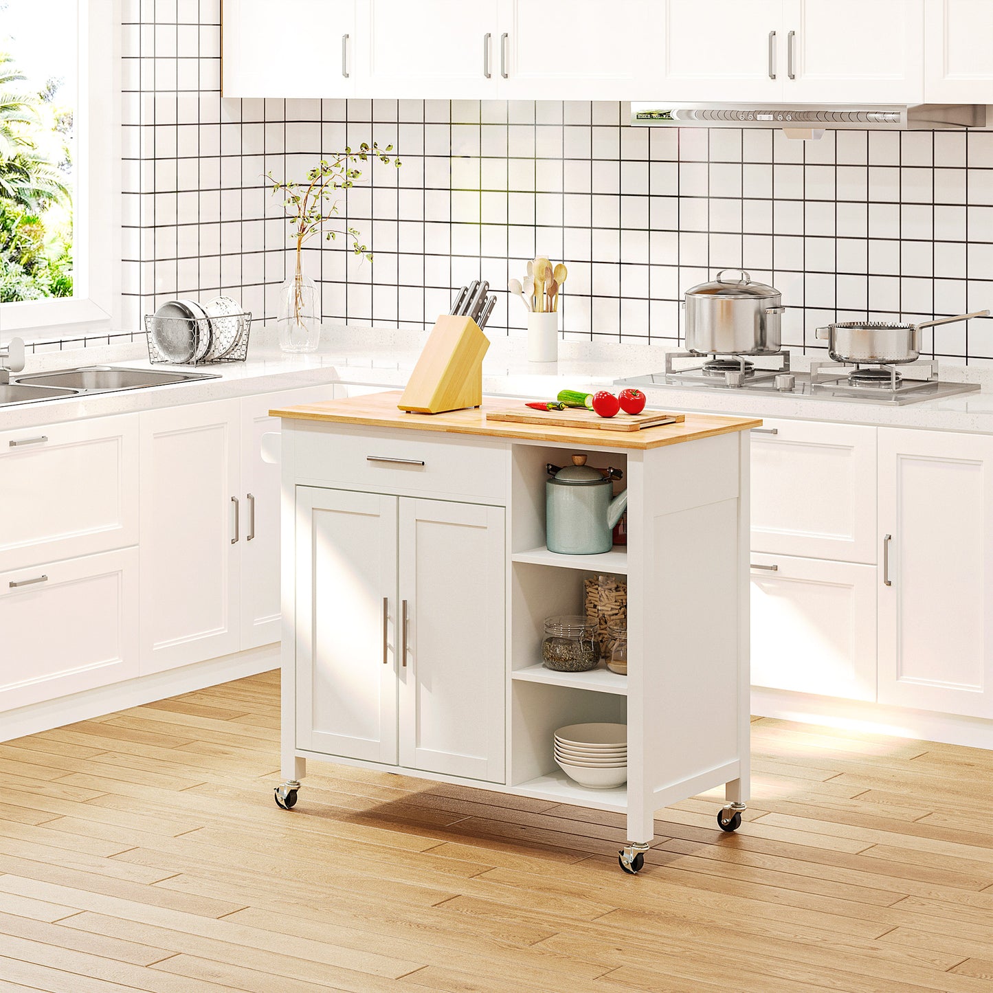 Wooden Rolling Kitchen Island on 360-Degree Swivel Wheels, Dining Cart with Drawer and Towel Rack, White