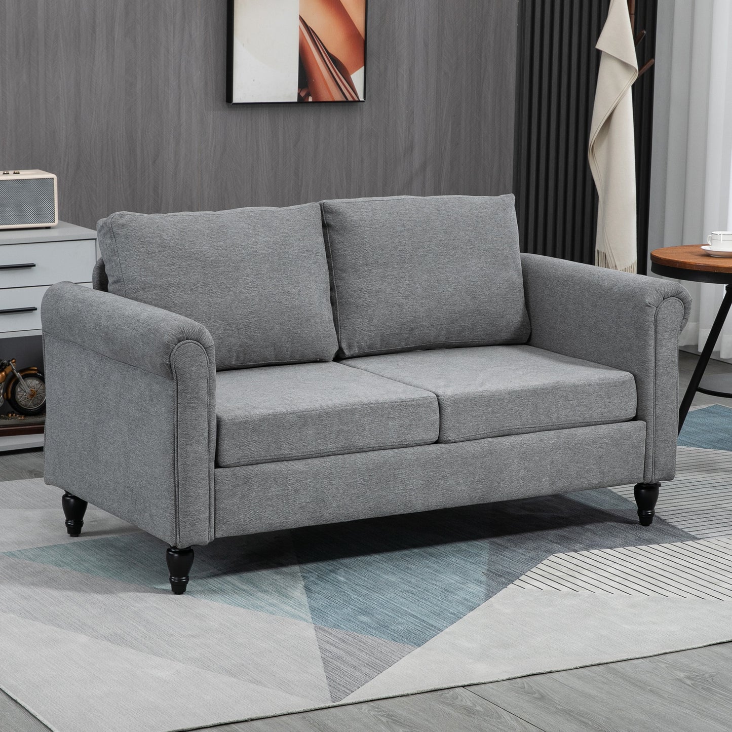 Vintage Loveseat, Upholstered Love Seat Furniture, Chenille-feel Fabric 2 Seater Sofa Couch with Rolled Arms, Gourd-Shaped Rubber Wood Legs for Living Room, Light Grey
