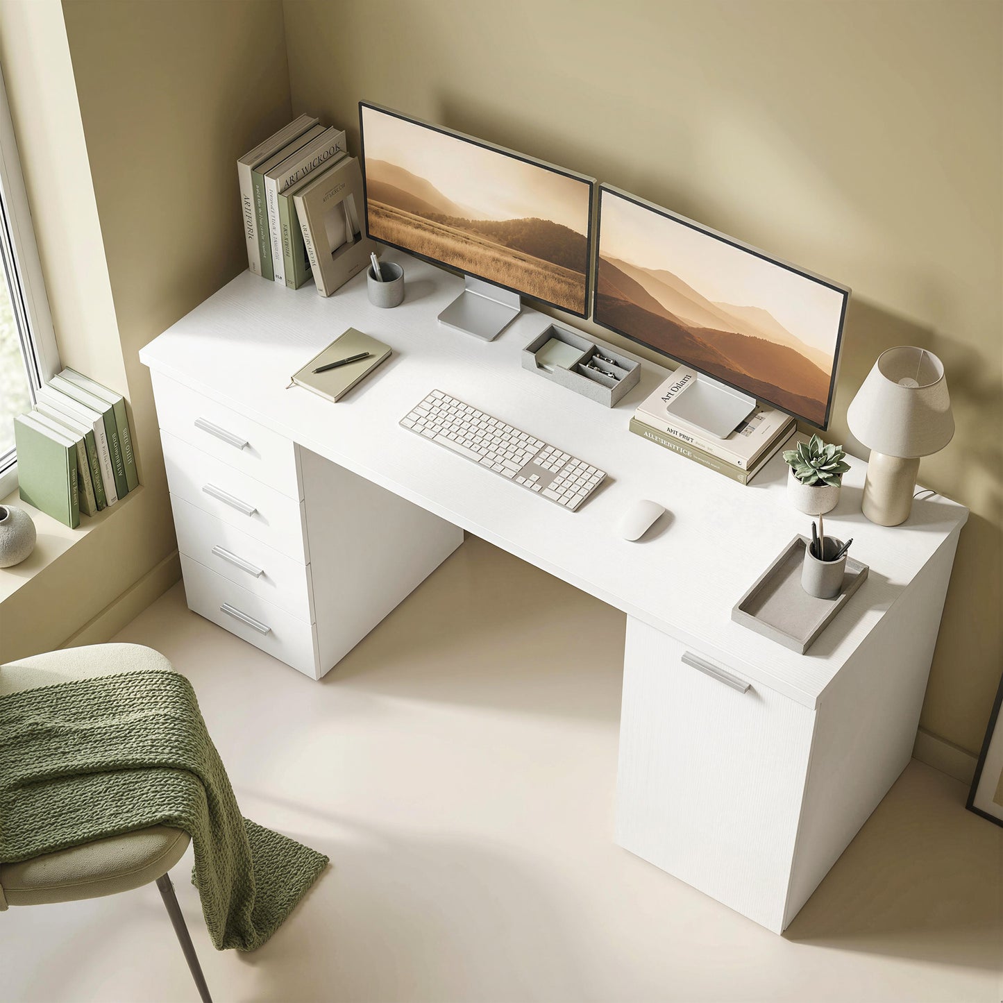 140 cm Computer Desk with Adjustable Shelf Home Office Desk with Drawers and Cabinet White Wood Grain