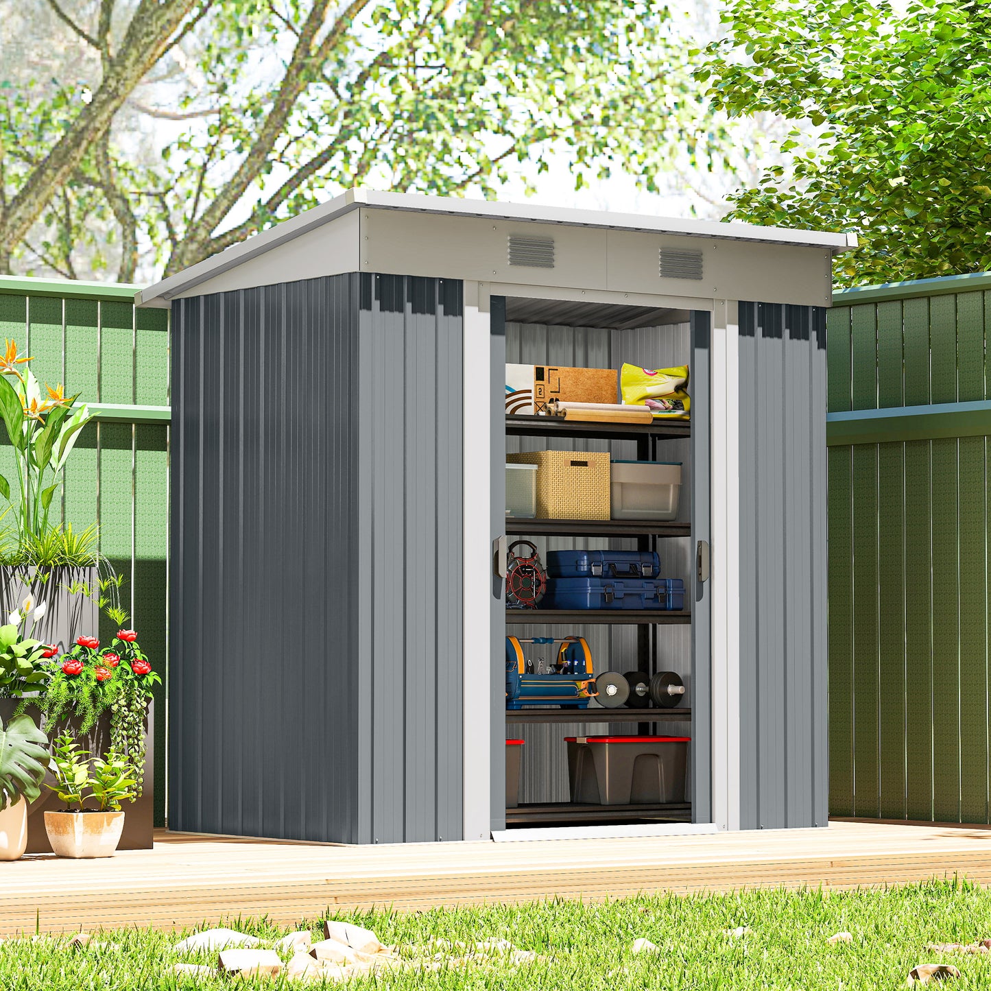 6' x 4' Outdoor Storage Shed, Metal Garden Shed with Lockable Sliding Doors and Vents, Grey