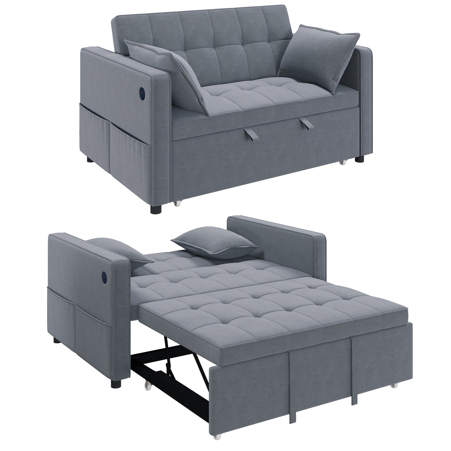 3-in-1 Convertible Sofa Bed, Pull-Out Sleeper Sofa with USB Charging, Adjustable Backrest and Side Pockets, Dark Grey