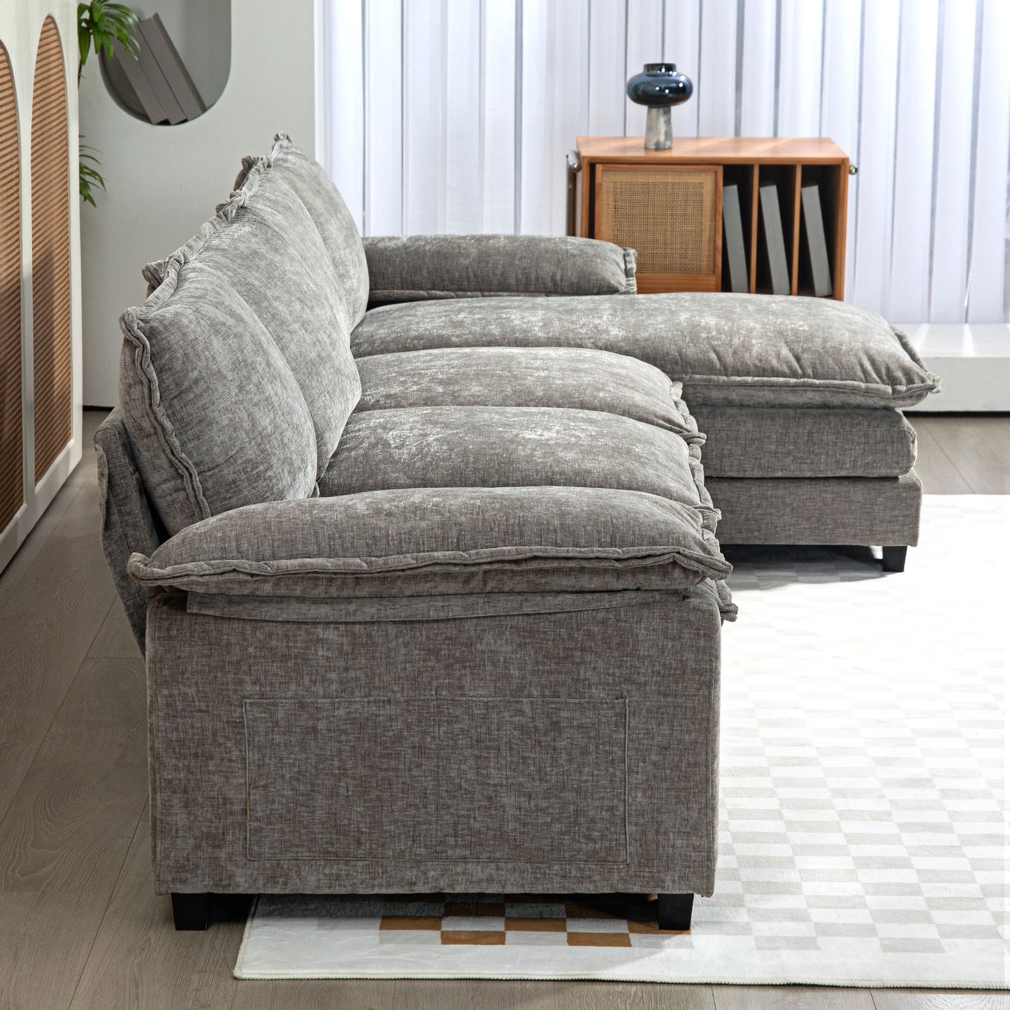 Sofa Couch with Chaise Lounge, Chenille L-shaped Couch with Double-layer Seat Cushion for Living Room, Grey