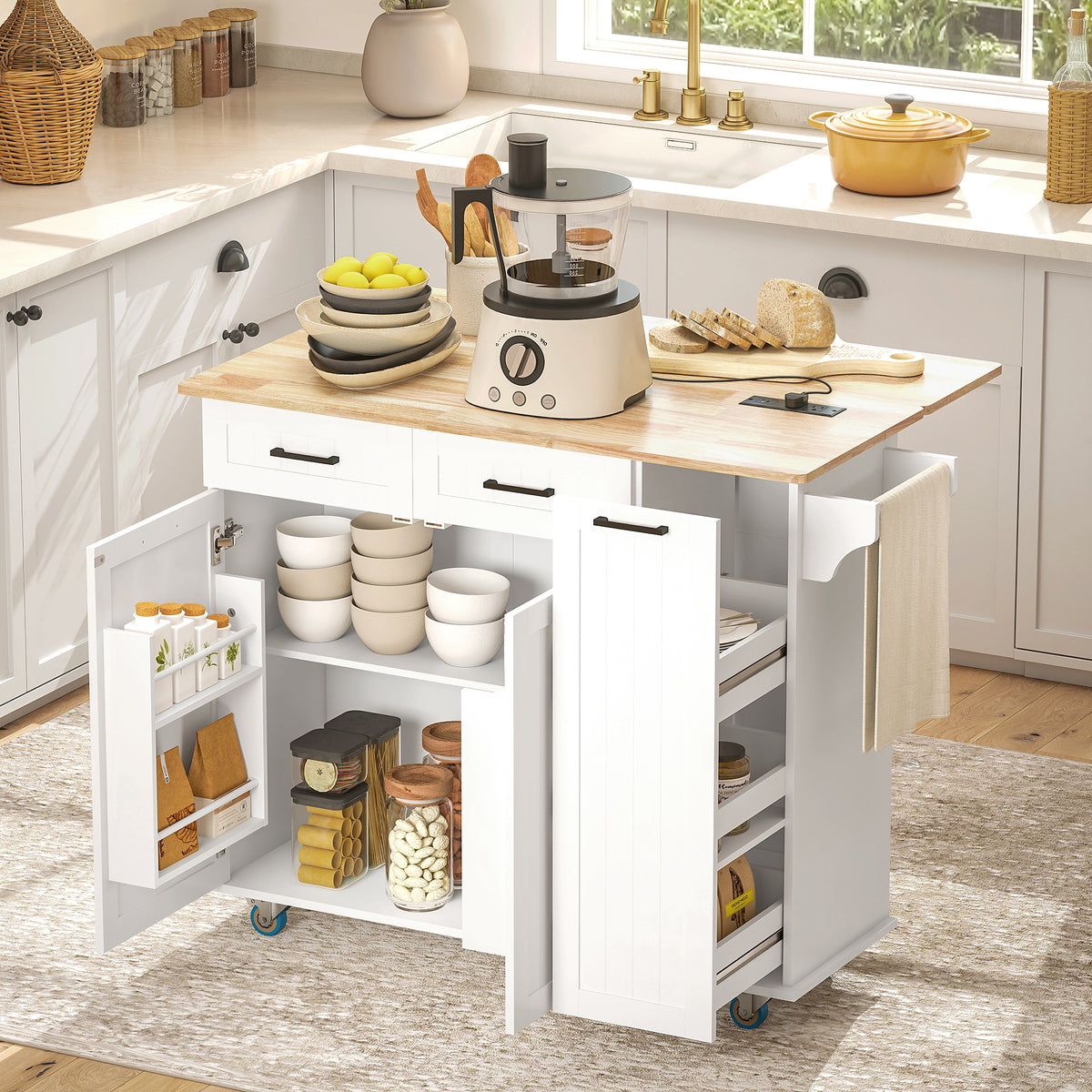 Kitchen Island on Wheels with Wood Drop Leaf, Charging Station, Rolling Kitchen Cart with Adjustable Shelf, White