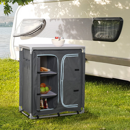 Grey Aluminum Camping Table with 3-Shelf Cupboard