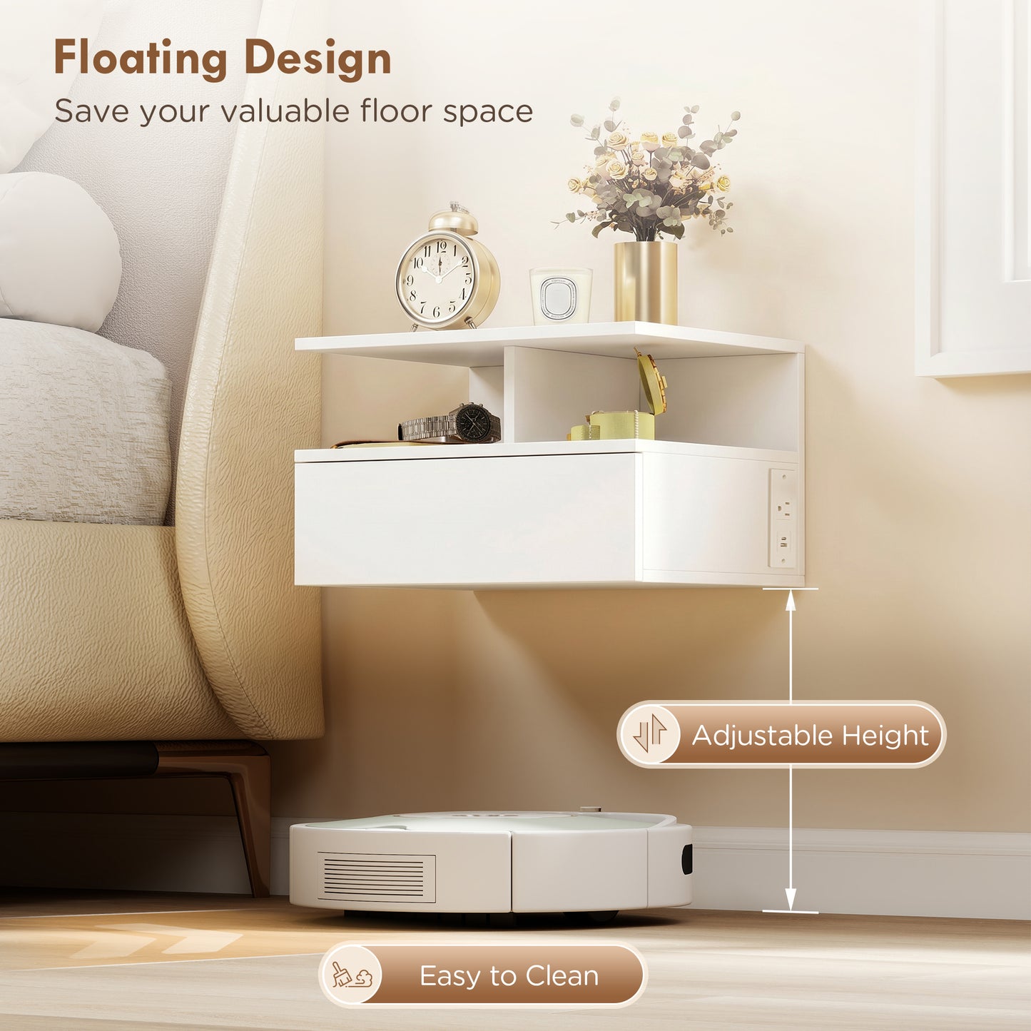Floating Nightstand Set of 2, Wall Mounted Bedside Table with Power Outlets, Drawer and Shelf, White
